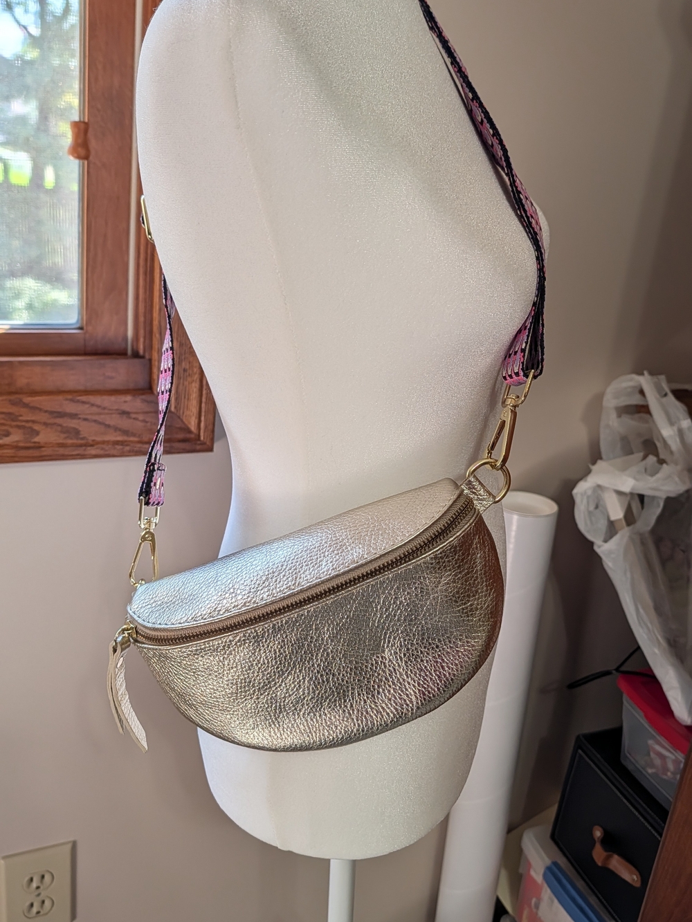 Gold Leather Crossbody Belt Bag - Women's Shoulder Bag